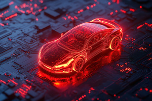 Red holographic car on a circuit, a Photo by Pavel_design