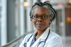 Portrait of african american mature doctor on blurred clinic bac, a Health & Medical Photo by AlyaAnd