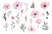Watercolor Pink Flowers Grey Leaves, a Decorative Illustration by GraphicsDish (Thumbnail 2 of 3)