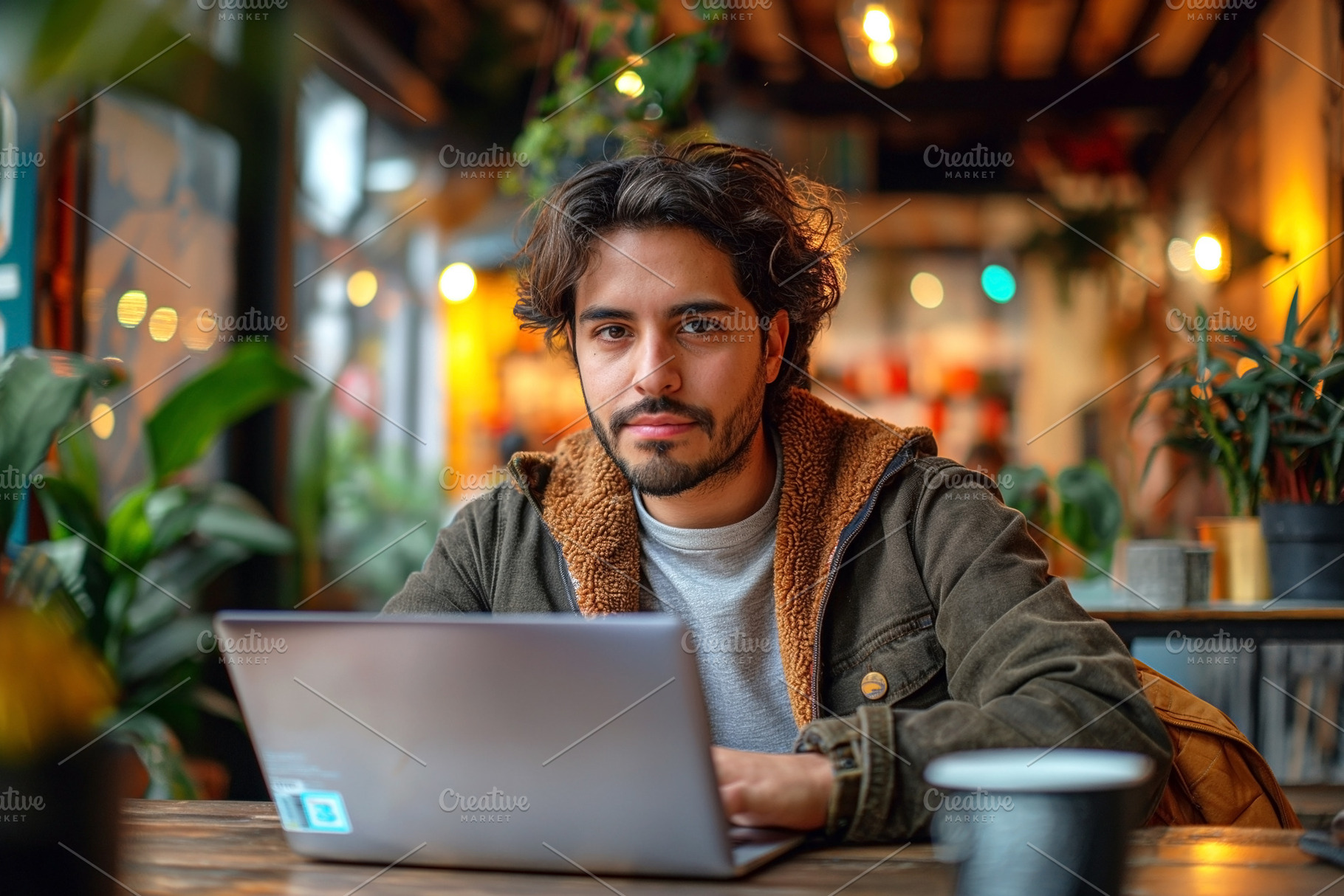 Young Hispanic man focused on his laptop in a cozy café surroun, a Person Photo by ImageMir
