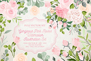 Watercolor Pink Roses Vector Set, a Decorative Illustration by FourLeafLover (Thumbnail 1 of 10)