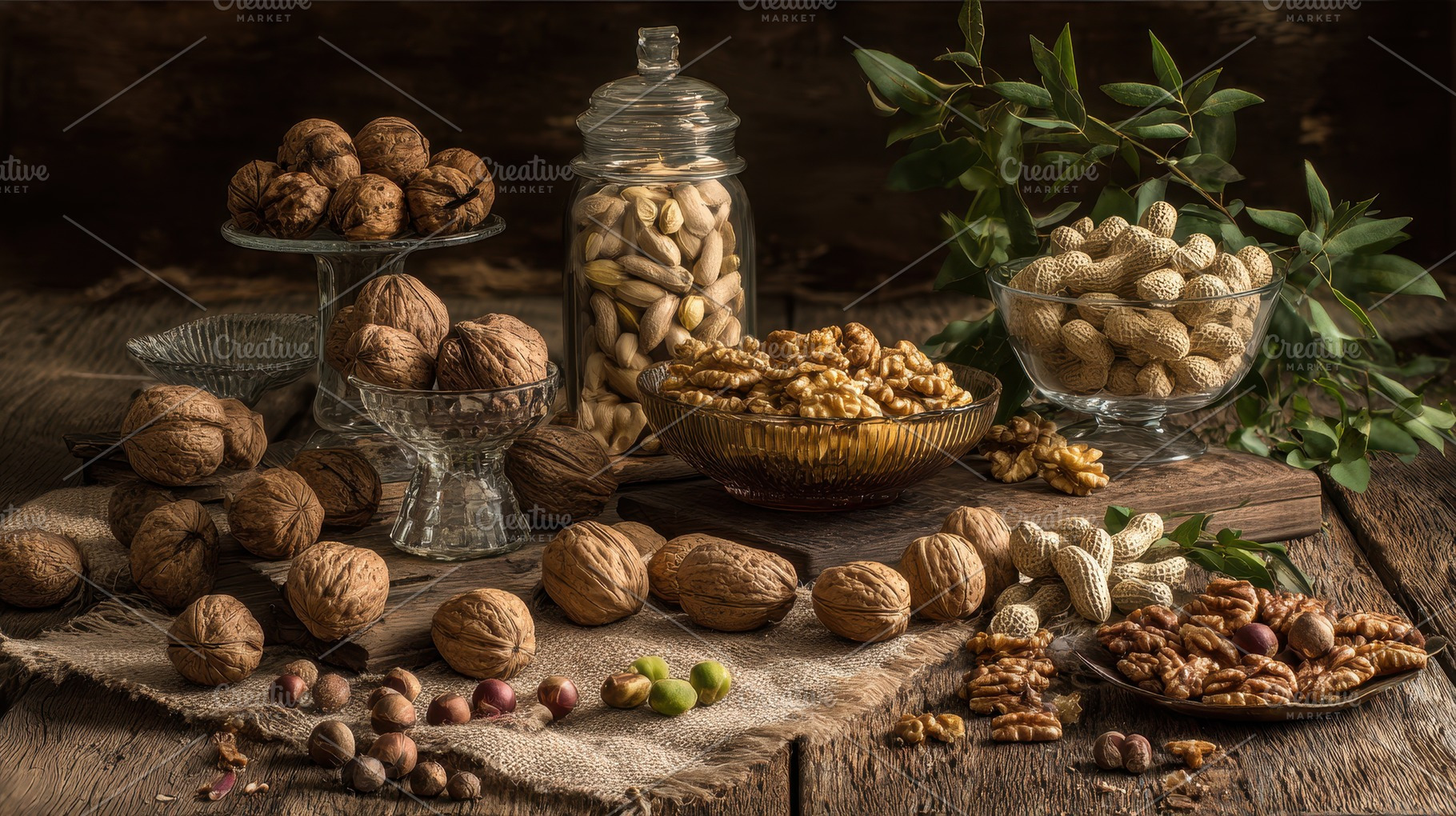 Assortment of nuts displayed on wood, a Photo by Pavel_design