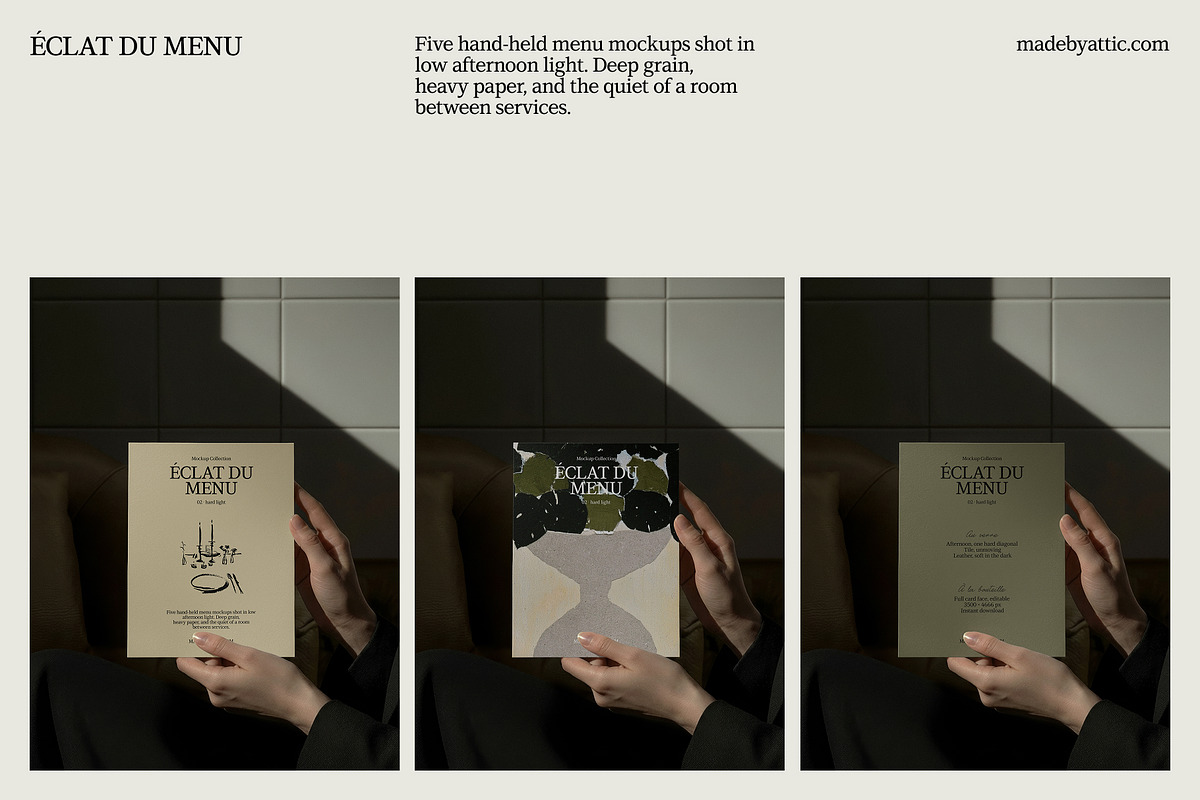 hard light menu mockup : éclat 02, a Merchandise Mockup by Made by Attic (Photo 2 of 3)