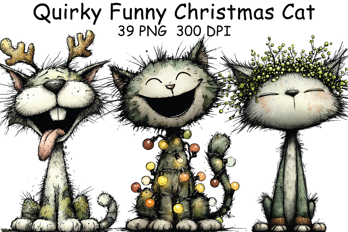 Quirky Funny Christmas Cat Clipart, an Illustration by CraftArtStudio (Photo 1 of 6)