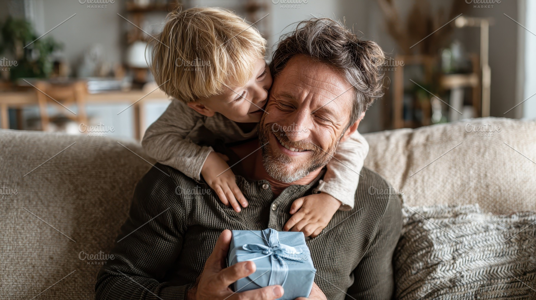Father receiving gift from son happy, a Photo by Pixeness Studio