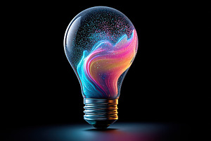 Vibrant light bulb with colorful swirls illuminating a dark background, a Business Photo by AlyaAnd