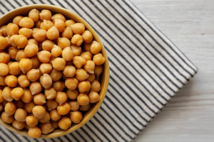 Organic Raw Canned Chickpeas in a Bowl, top view. Copy space., a Food & Drink Photo by LiudmylaChuhunova