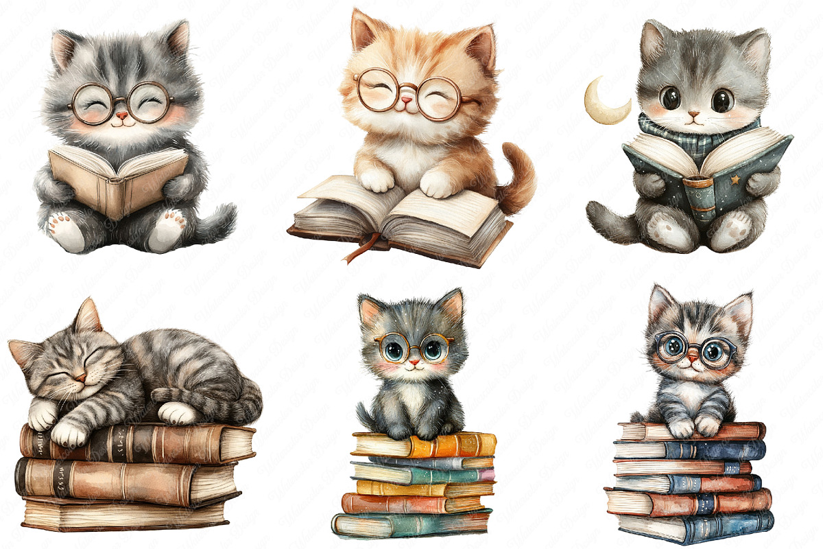 Cute Cat with Book Sublimation png, an Illustration by Watercolor design (Photo 3 of 11)