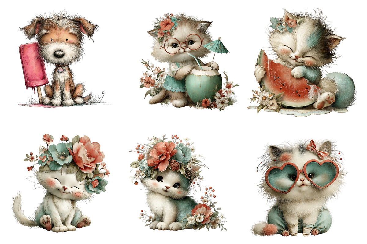 Whimsical Summer Cat Clipart, an Illustration by CreationArt (Photo 3 of 7)