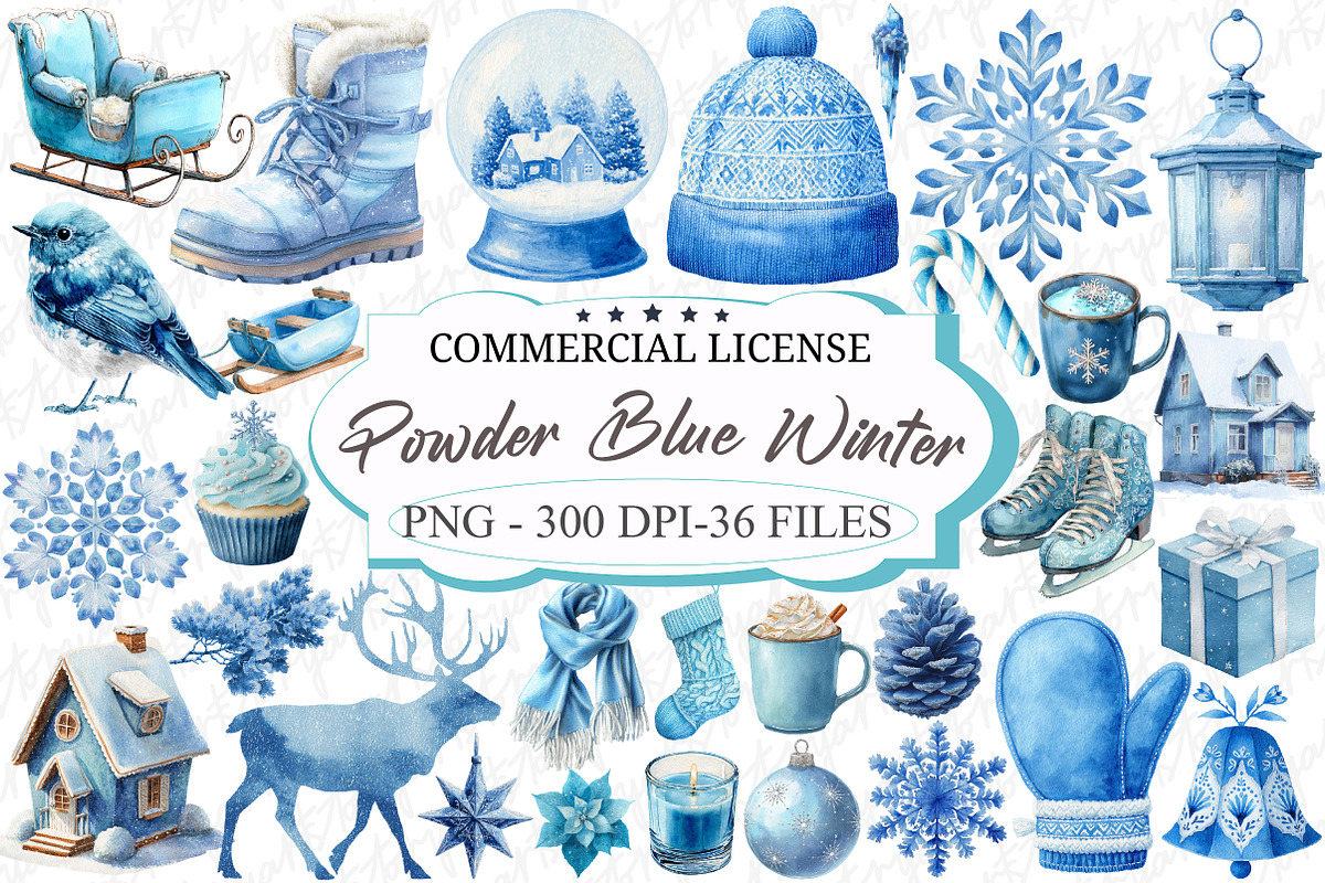 Powder Blue Winter Watercolor Clipar, an Illustration by designcity5 (Photo 1 of 5)