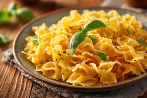 Creamy fettuccine pasta with basil garnish, a Food & Drink Photo by AlyaAnd