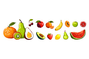 Juicy fruits set. Isolated banana, a Food Illustration by Valerie Bodnar