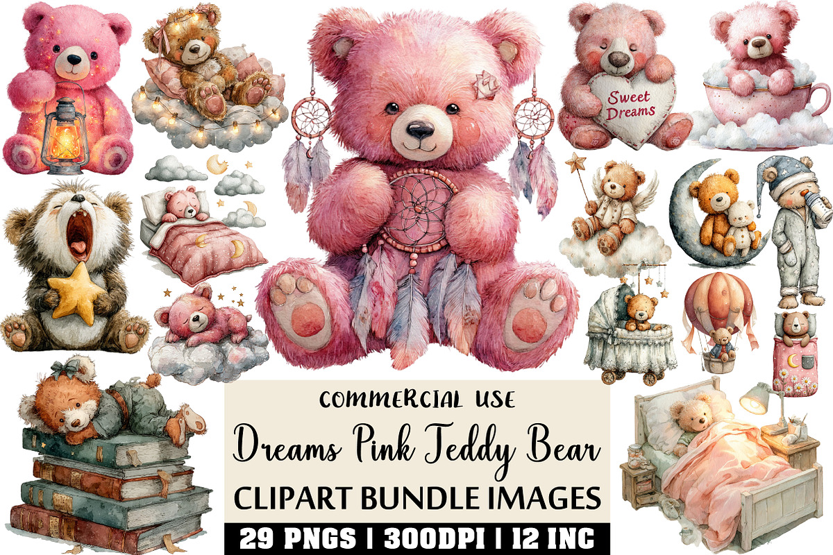 Sweet Dreams Pink Teddy Bear Clipart, an Illustration by Craft Nest (Photo 1 of 6)