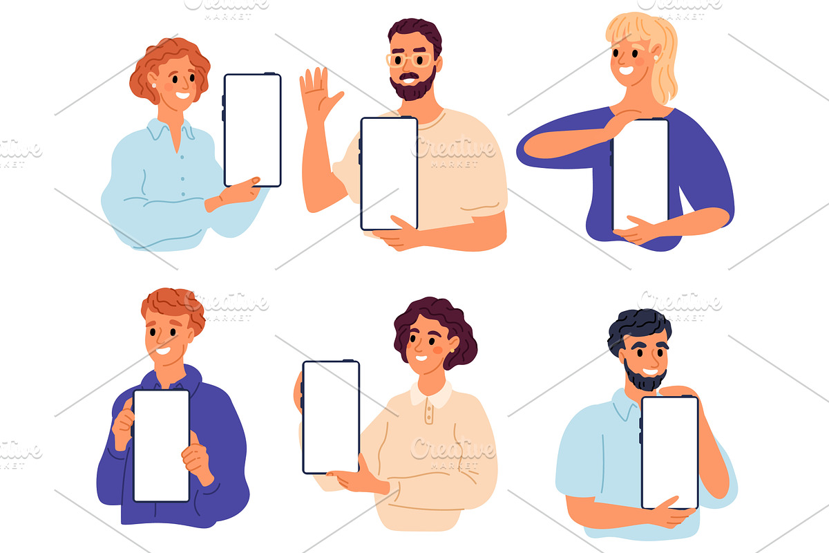 Smiling men and women holding mobile, a Person Illustration by Vectorbuum