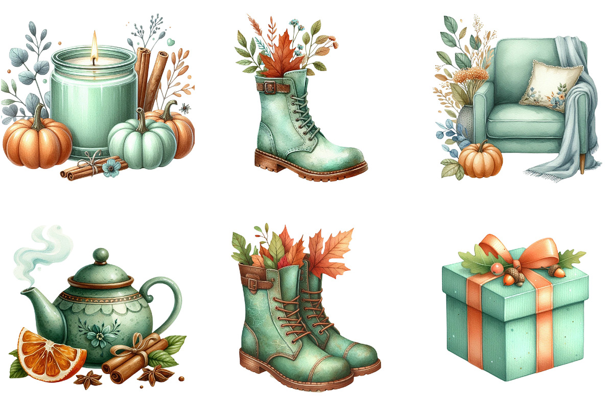 Mint Green Autumn Clipart PNG, an Illustration by DreamArtGraphic (Photo 4 of 4)