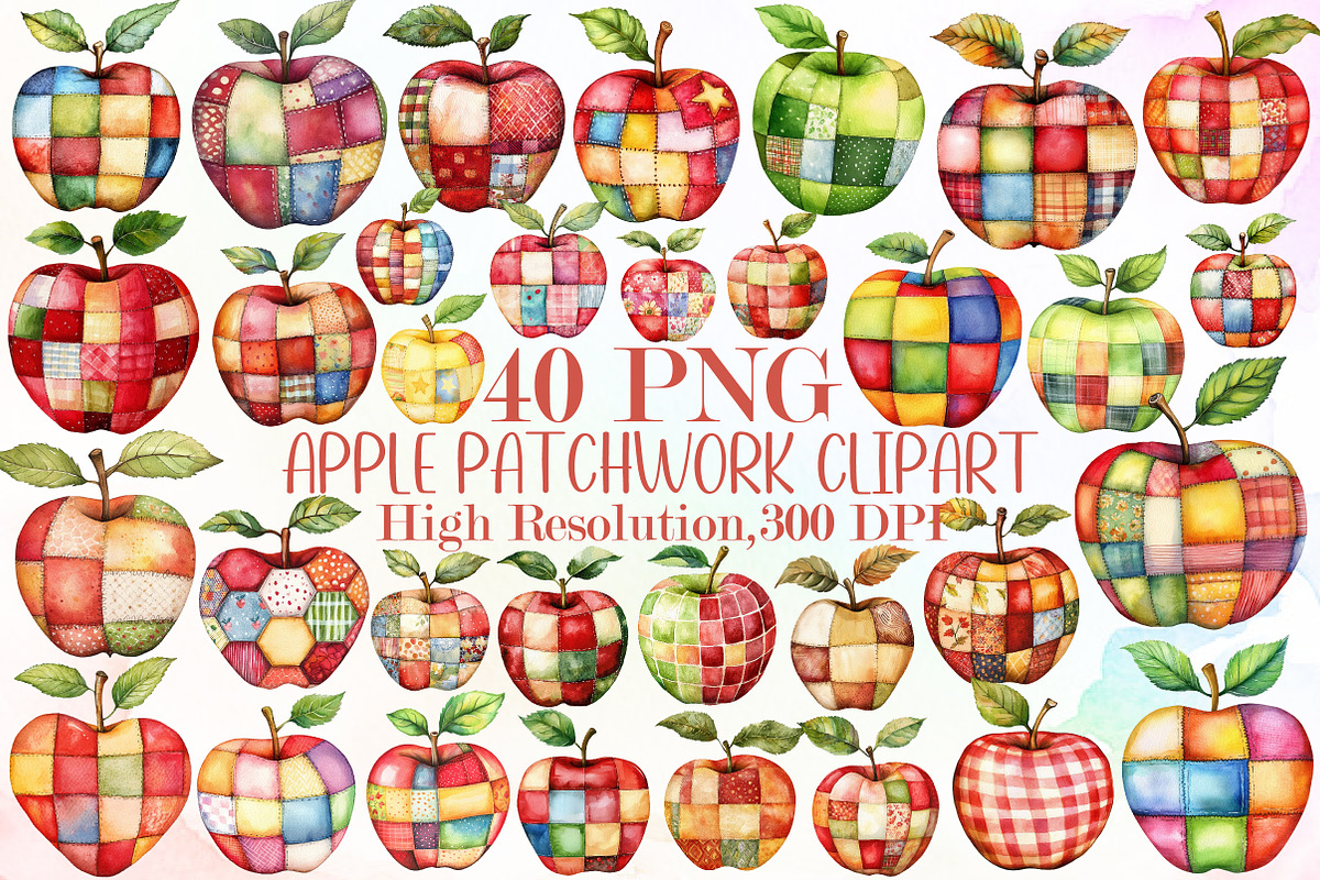 Watercolor Apple Patchwork Clipart, an Illustration by Sublimation Artist (Photo 1 of 6)