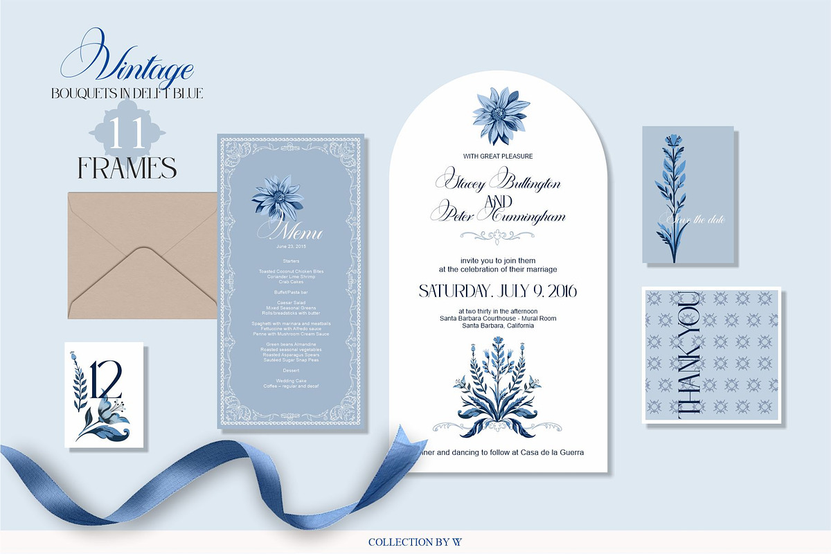 Vintage Bouquets In Delft Blue, a Decorative Illustration by Collection by VY (Photo 8 of 12)