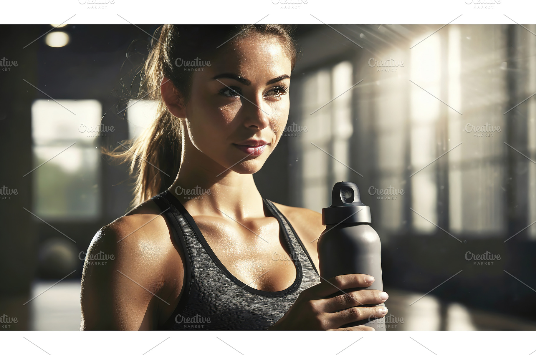 A woman in a gym holding a water, a Beauty & Fashion Photo by Igor Tichonow