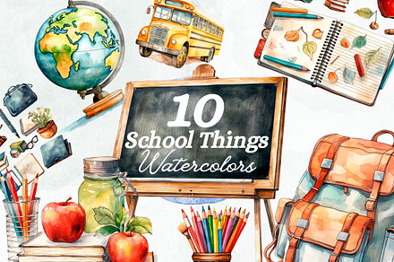 School Things Watercolor Clipart Set, an Education Illustration by Loony Dream Designs