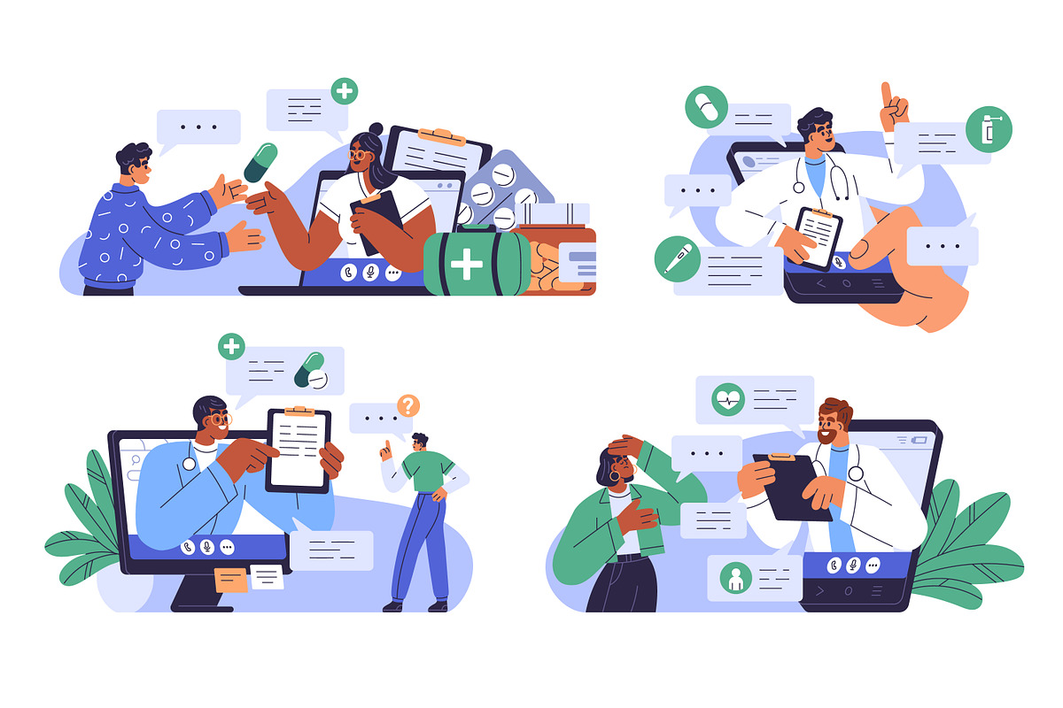 Doctors during online calls set, a Healthcare Illustration by Good Studio (Photo 1 of 5)