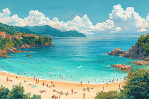 Colorful seaside buildings lining a sandy beach with people sunb, a Holiday Photo by José Manuel Gelpi