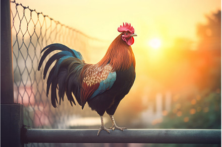 Rooster on fence at morning, an Animal Photo by Ylivdesign