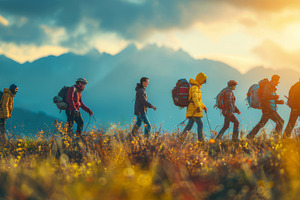 Group of Hikers Trekking Through Mountain Terrain at Sunset, a Photo by AS photostudio