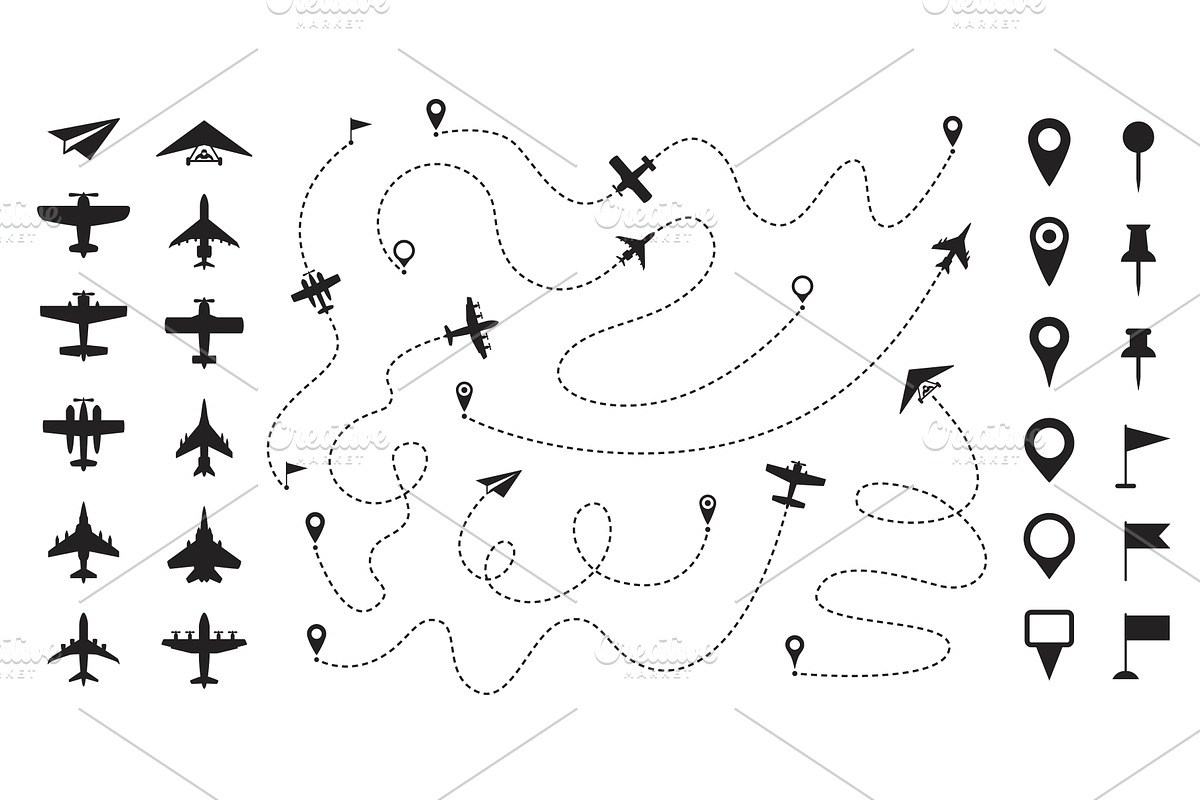 Dashed line plane route. Airplane, a Transportation Illustration by winwin.art