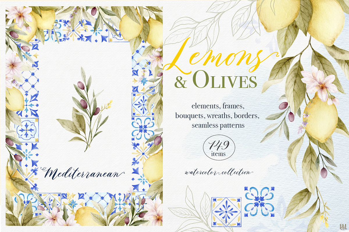 Mediterranean Lemon Olive Watercolor, an Object Illustration by Elena Medvedeva (Photo 1 of 10)