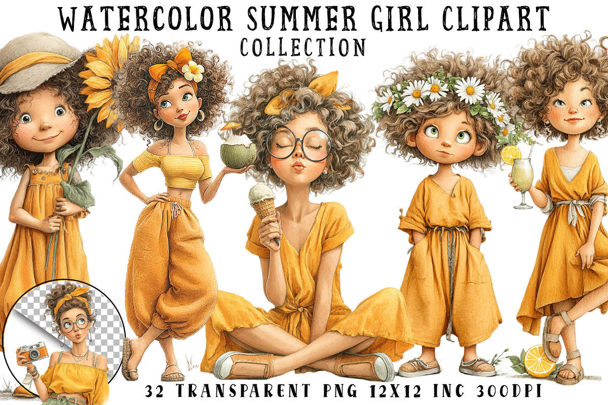 Watercolor Summer Girl Clipart, an Illustration by OK Design (Photo 1 of 6)