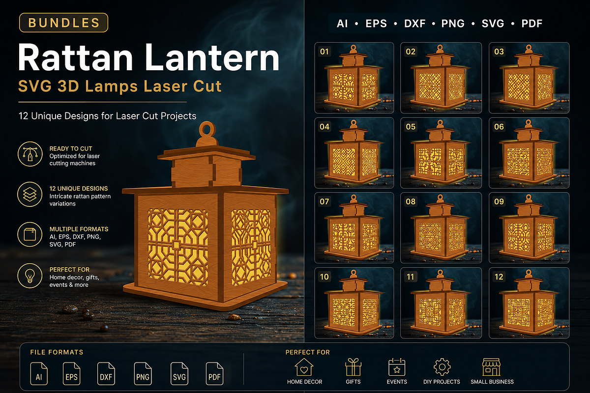 Rattan Lantern SVG3D Lamps Laser Cut, an Object Graphic by OTVEY DESIGN (Photo 1 of 13)