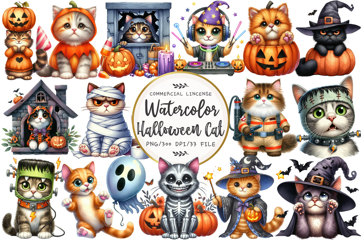 Halloween Cute Cat Clipart, an Illustration by OK Design (Photo 1 of 5)