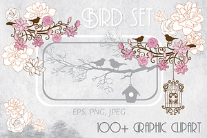 Bird's cliparts, seamless, elements
