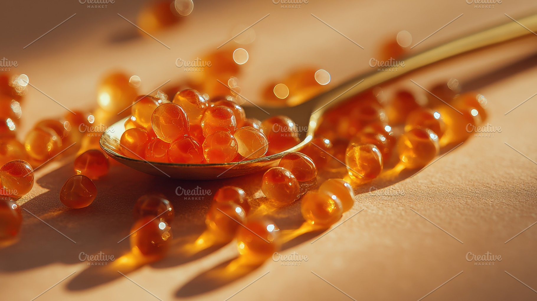 Golden beads on a spoon shine, a Photo by Beautiful things