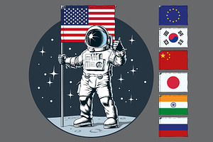 Astronaut with flag stands on moon