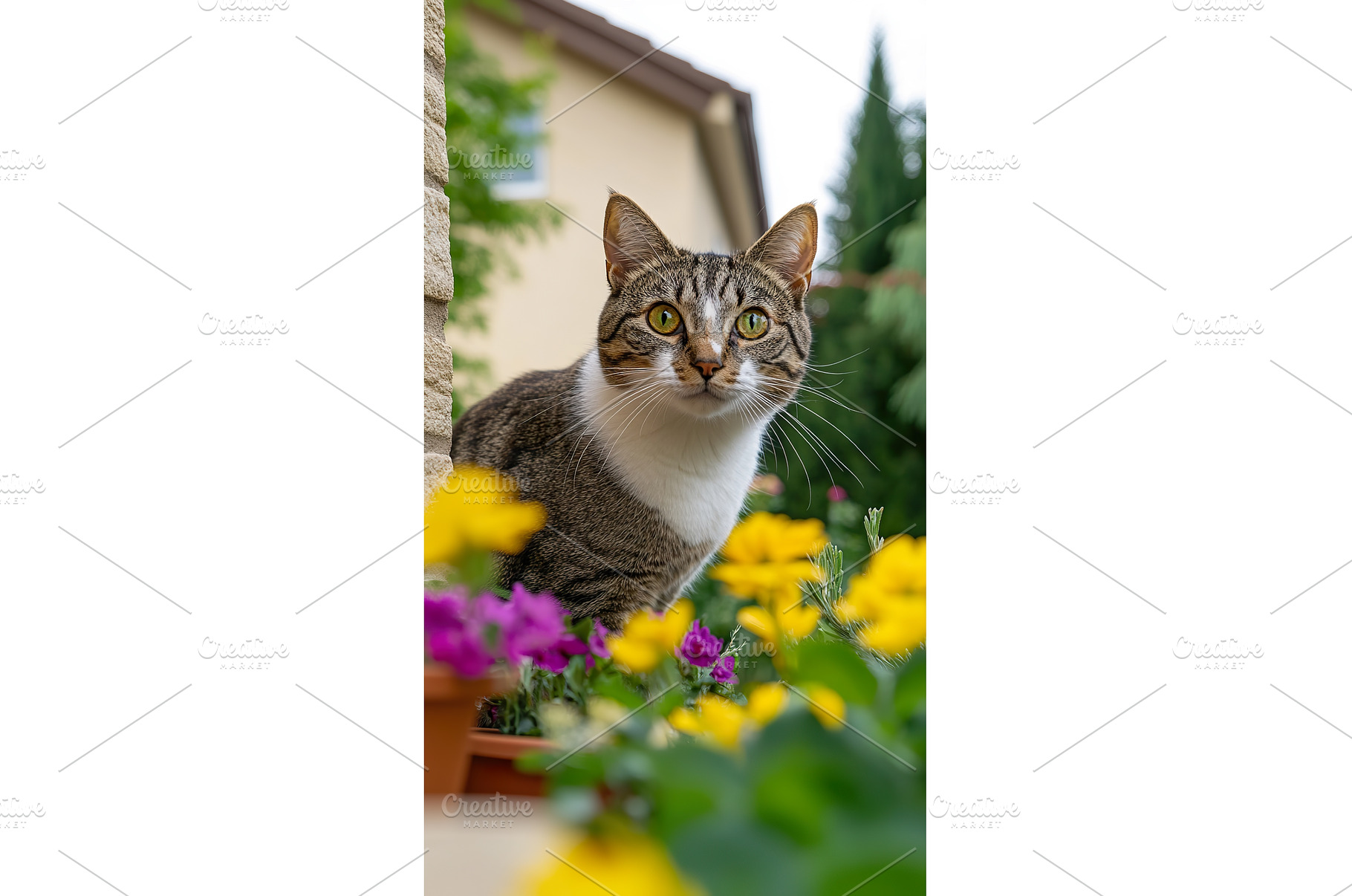 Curious cat among flower pots in a, an Animal Photo by Lermont51