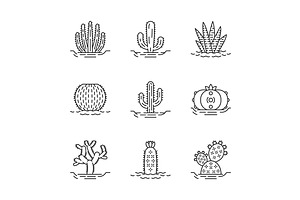 Wild Cactuses On Ground Linear Icons