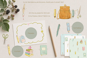 Cute Watercolor School Supplies Set