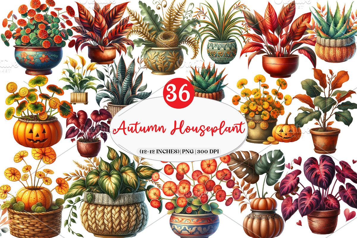Positive Autumn Houseplant Clipart, an Illustration by Watercolor design (Photo 1 of 4)