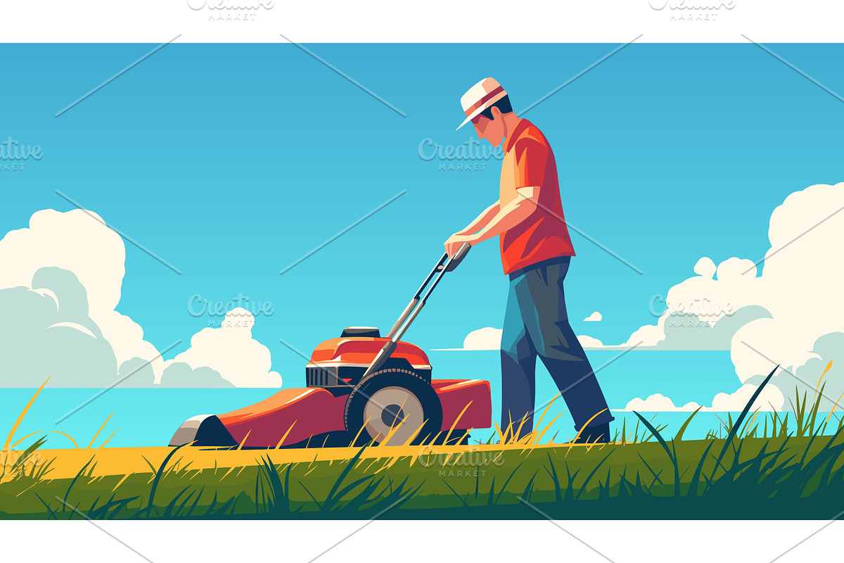 Lawn mower worker. Man gardener cuts, an Illustration by Stock-Smart-Start