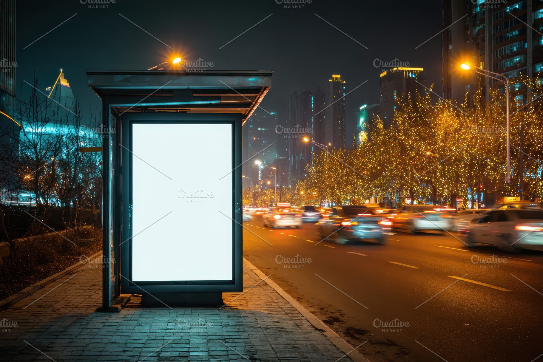 Blank billboard at night city street, a Photo by Pixeness Studio