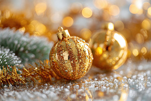 Golden glittery Christmas ornaments on reflective surface, a Holiday Photo by AlyaAnd