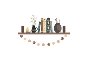 Book shelf with vintage books, jugs, an Object Illustration by Toltemara