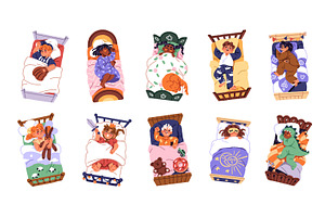 Cute children sleeping in bed set, a Person Illustration by PaperTrident