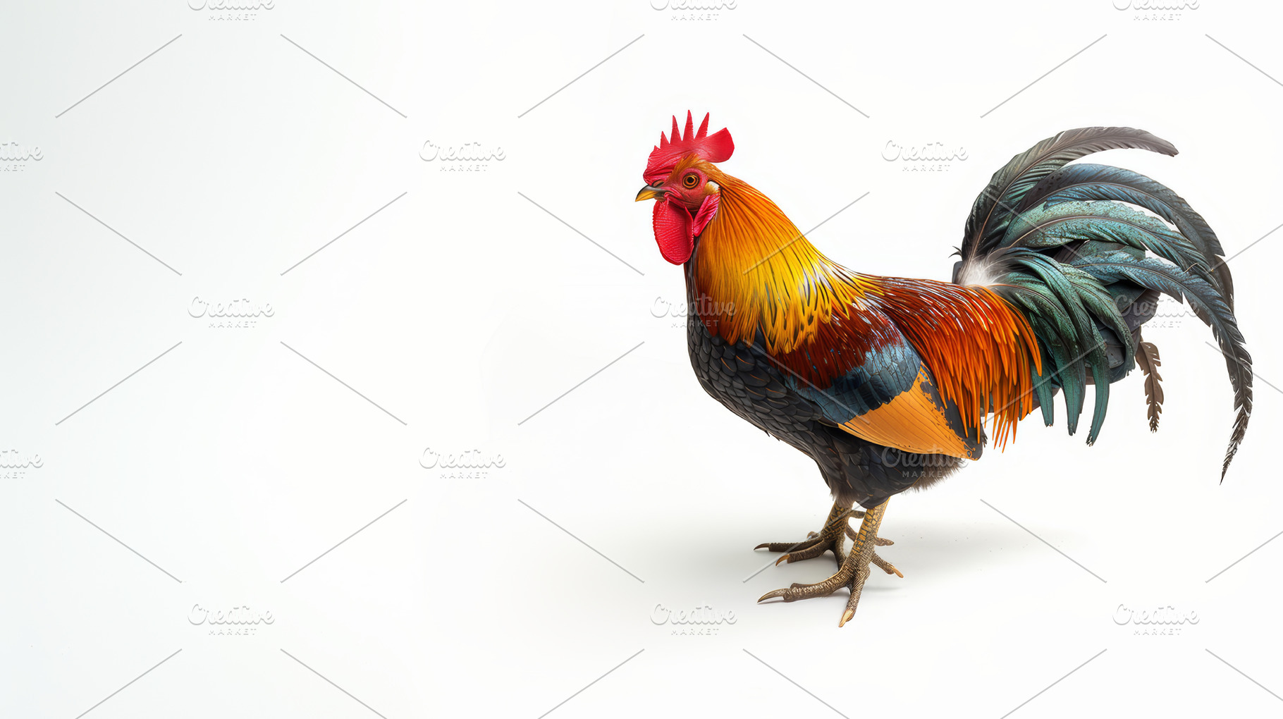 Beautiful vibrant rooster isolated on a clean white background, a Photo by AS photostudio
