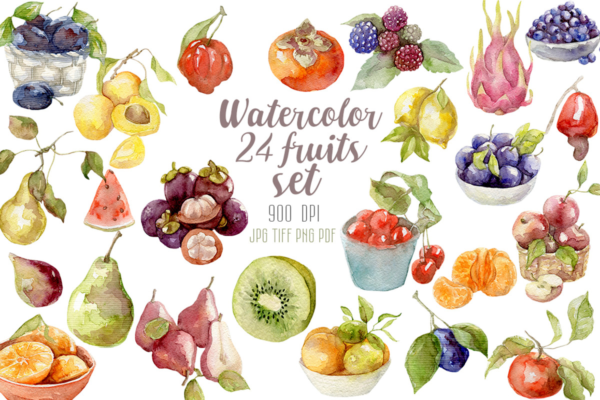 Watercolor 24 fruits set, a Food Illustration by My watercolor shop (Photo 1 of 16)