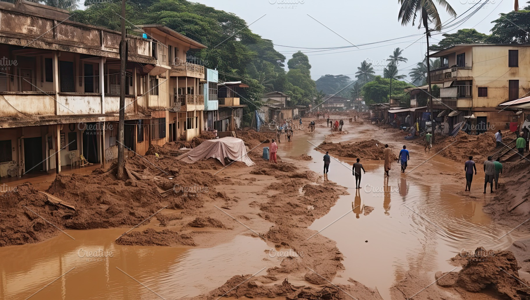 Flooding in an African country, with washed out roads, destroyed houses and rub, a Nature Photo by zakiroff