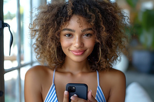 A young woman of mixed ethnicity with curly hair smiles while us, a Person Photo by ImageMir