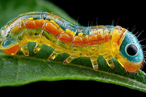 Vibrant caterpillar on green leaf ma, a Photo by Pixeness Studio