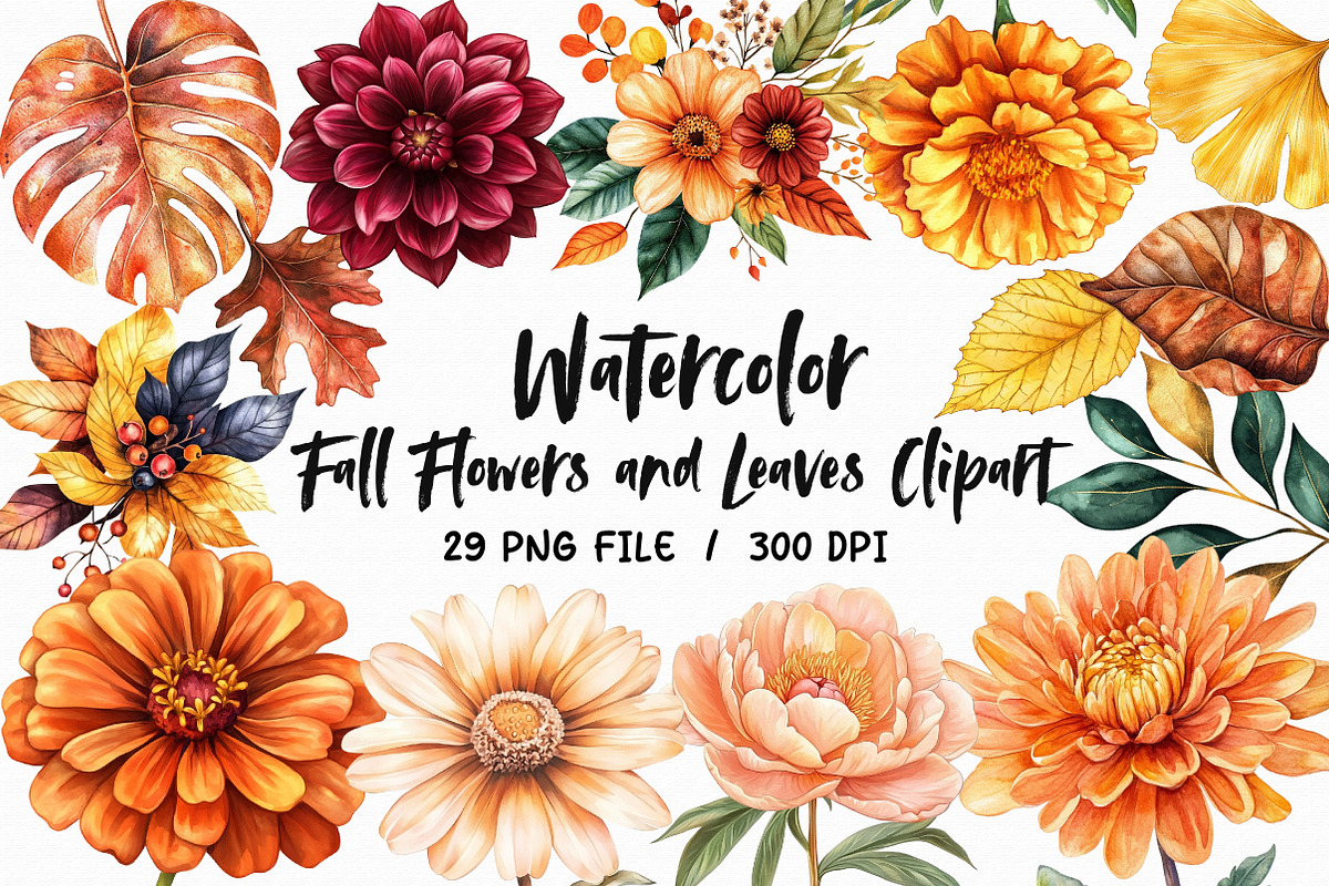 Fall Flowers and Leaves Clipart, an Illustration by Libby Wishes (Photo 1 of 6)